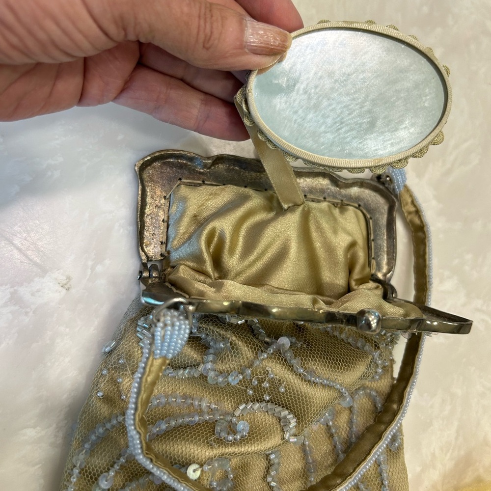 Saks Fifth Avenue Sequin and Beaded Evening Purse with attached mirror, clip top - Picture 10 of 14